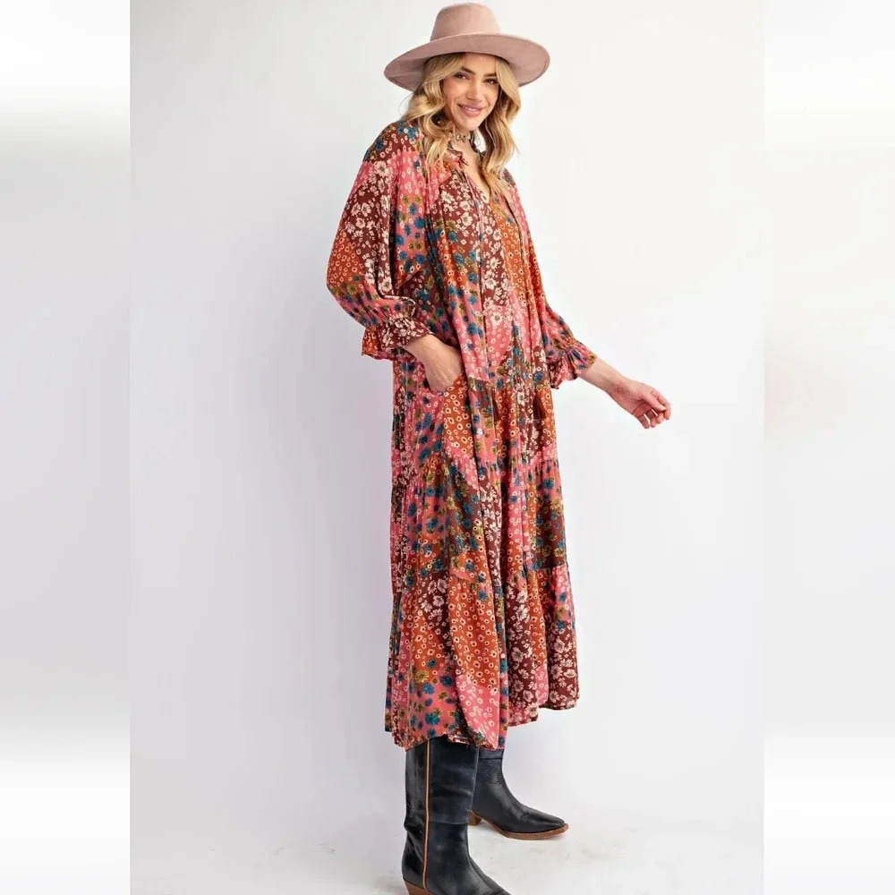 New Easel Floral Patchwork Print Rayon Gauze Long Sleeve Dress
